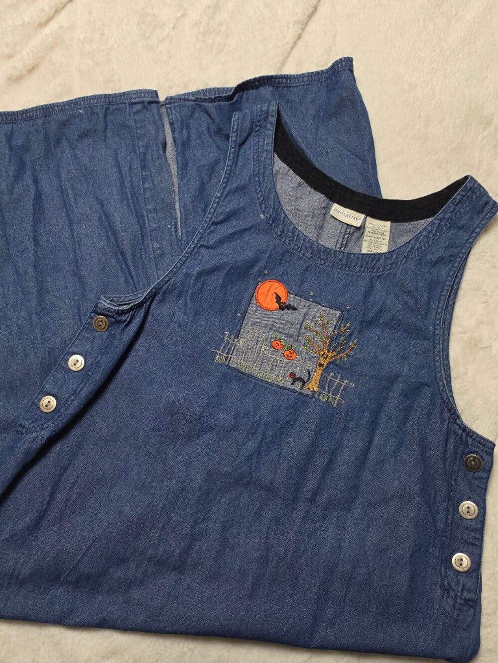 VTG 90s White Stag Halloween Denim Jumper Dress L 12/14 Embroidered Cat Pumpkin